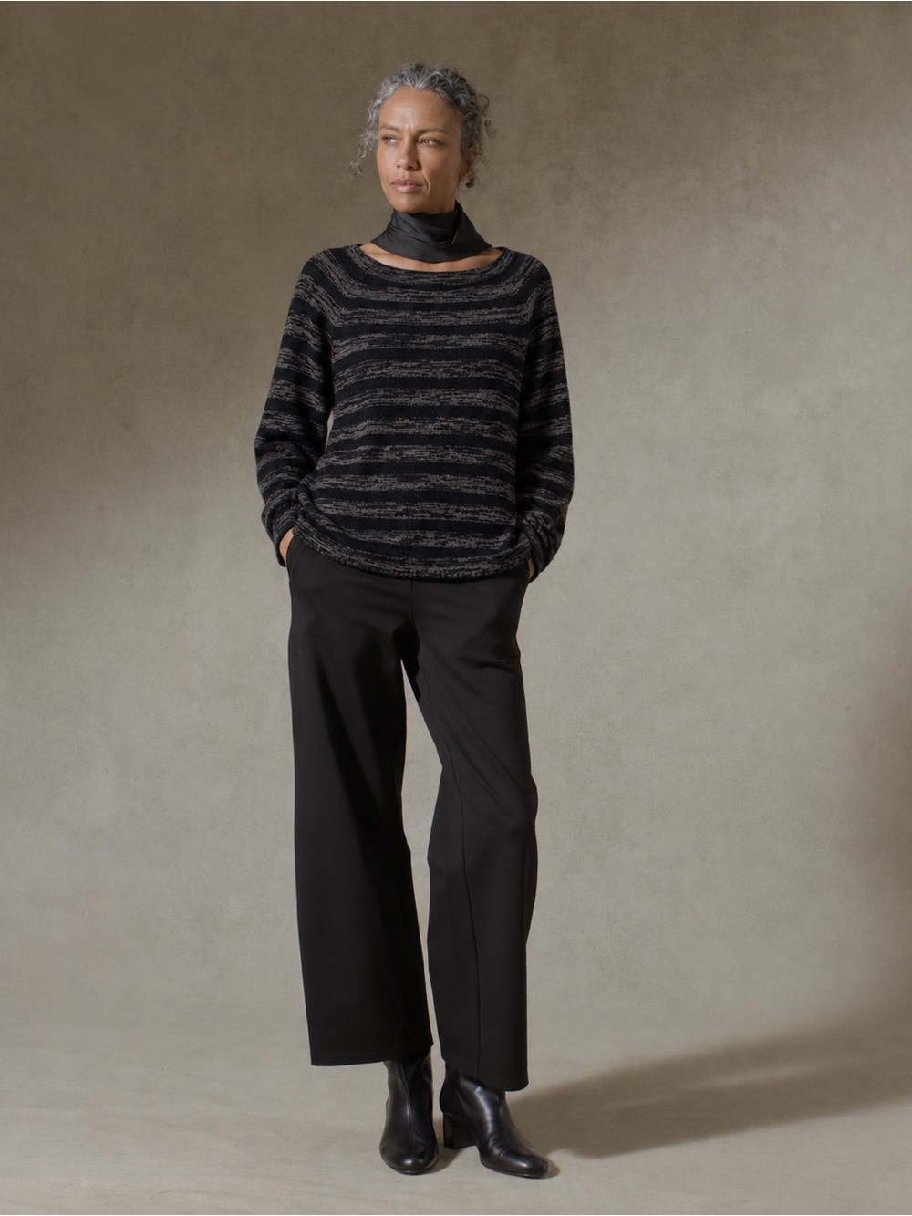 EILEEN FISHER PETITE ORGANIC BLACK GRAY STRIPE KNIT BUSINESS SWEATER TOP SZ L PL